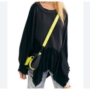 Free People Black Gray Long Sleeve Distressed Boho Peplum Hem Top Size Small